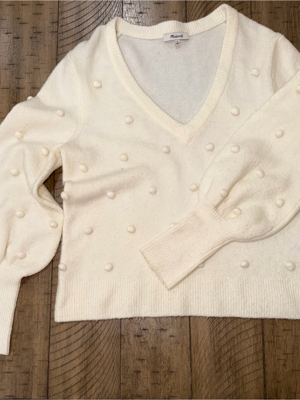 Madewell Cream V-Neck Pom-Pom Sweater